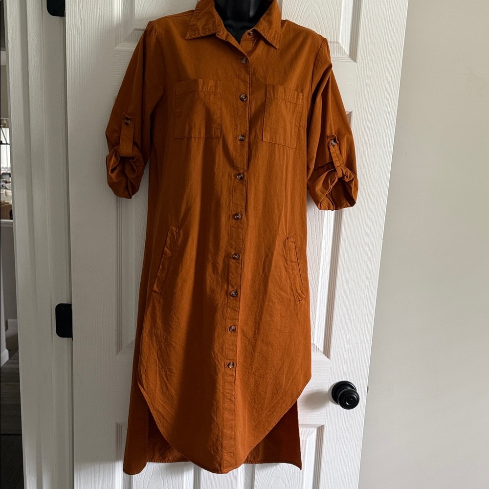 High-Low Button-Front Shirt Dress in Rust